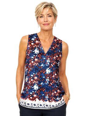 Thakoon Red White Blue Silk Sleeveless V-Neck Top